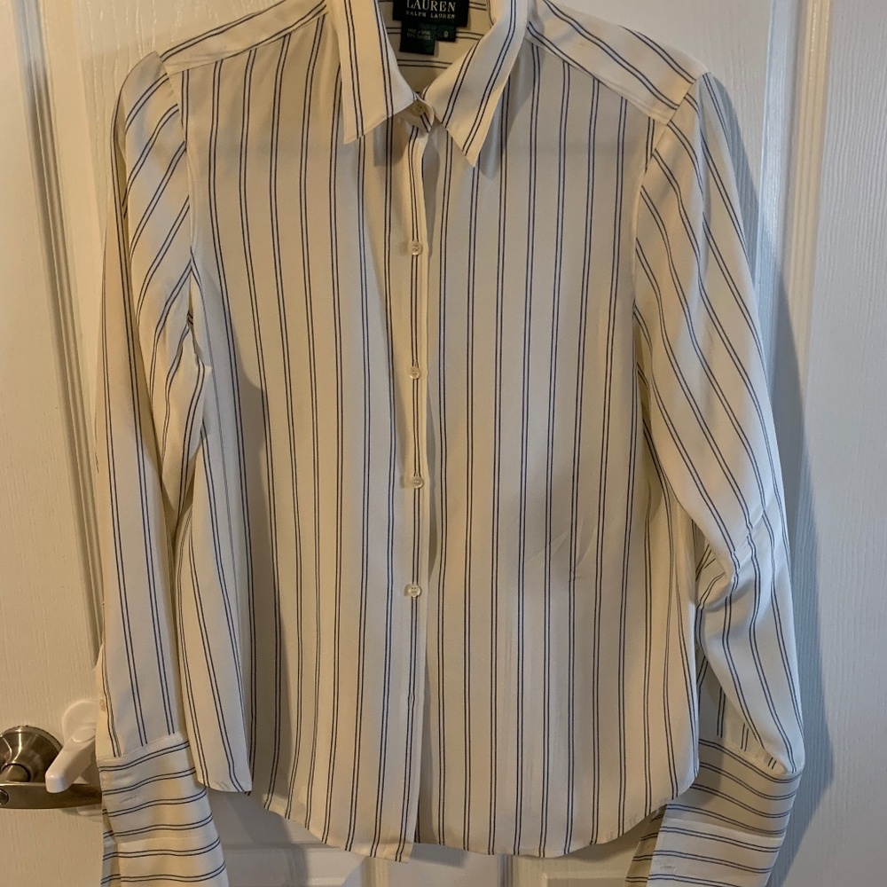 Ralph Lauren White Button-Up Blouse with Blue Pinstripes